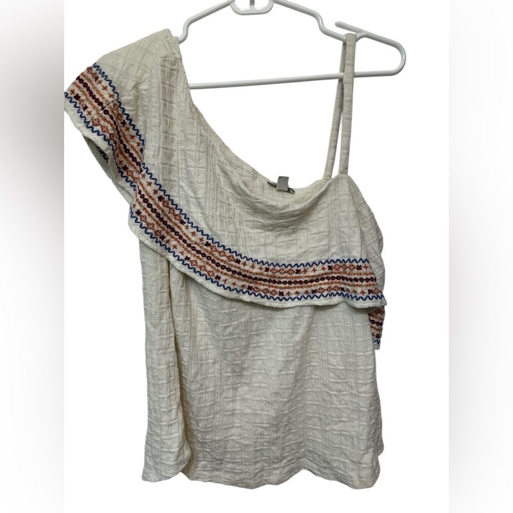 Lucky Brand Boho Ruffle One Shoulder Strap Embroidered White Blouse Top NWOT